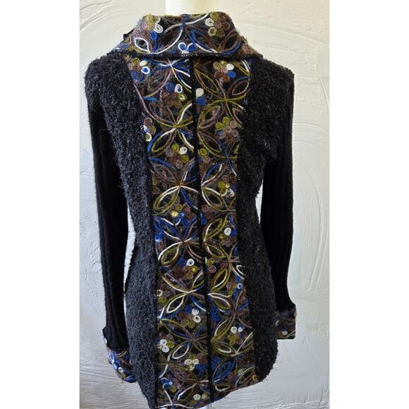 Sioni Woman's UNIQUE Mohair Wool Blend Embroidered Black Cardigan Sweater Size M - Picture 2 of 8